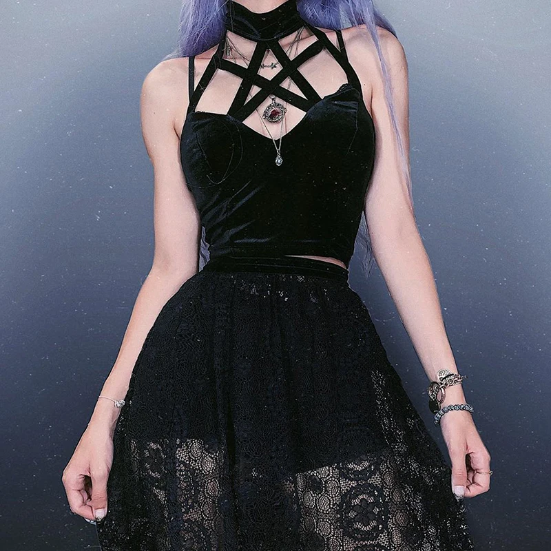 Goth Crossพิมพ์ลูกไม้Bodycon Crop Tops Camisเซ็กซี่Y2KความงามสีดําสีแดงBasic Corset Tank Topเสื้อผ้าฤดูร้อนสําหรับผู้หญิงหญิง
