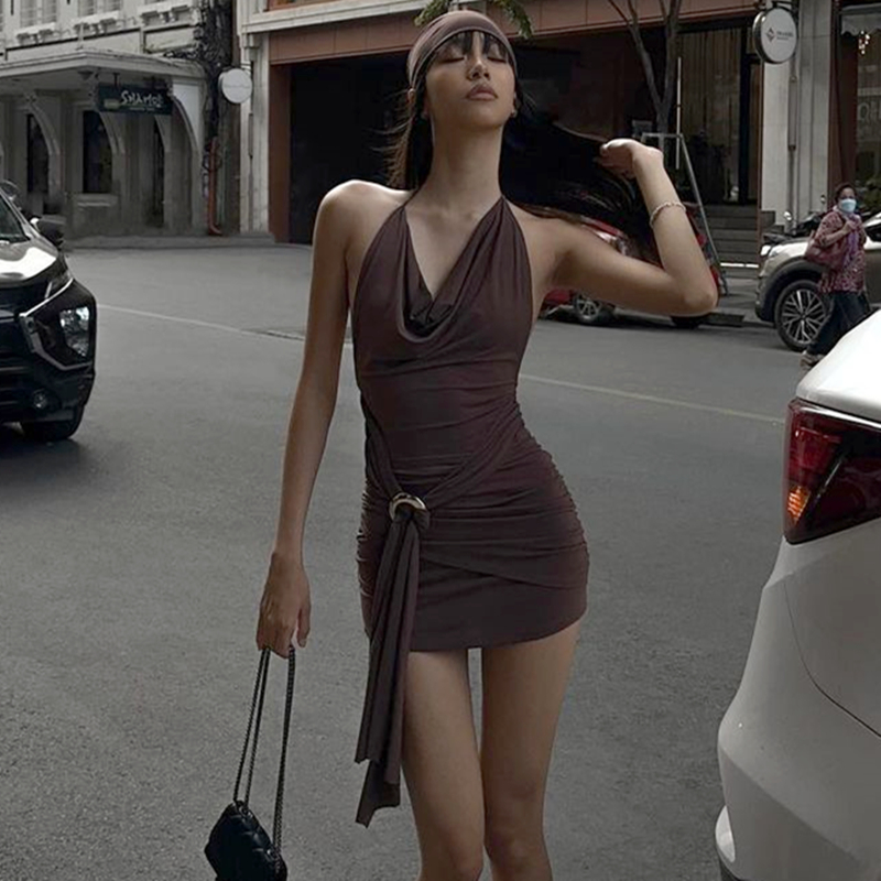 WhereMery – Mini robe marron Vintage, coupe basse, dos nu, Y2K, à bandes plissées, ligne a, Sexy, Cool, pour filles, été, 2024