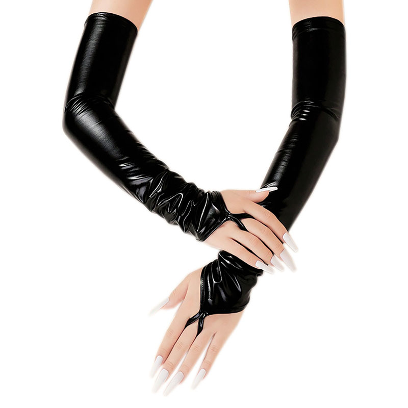 Womens Lacquer Leather Hook Finger Long Gloves Cosplay Nightclub Pole Dance Stage Performance Sexy Fingerless Mittens Accessory