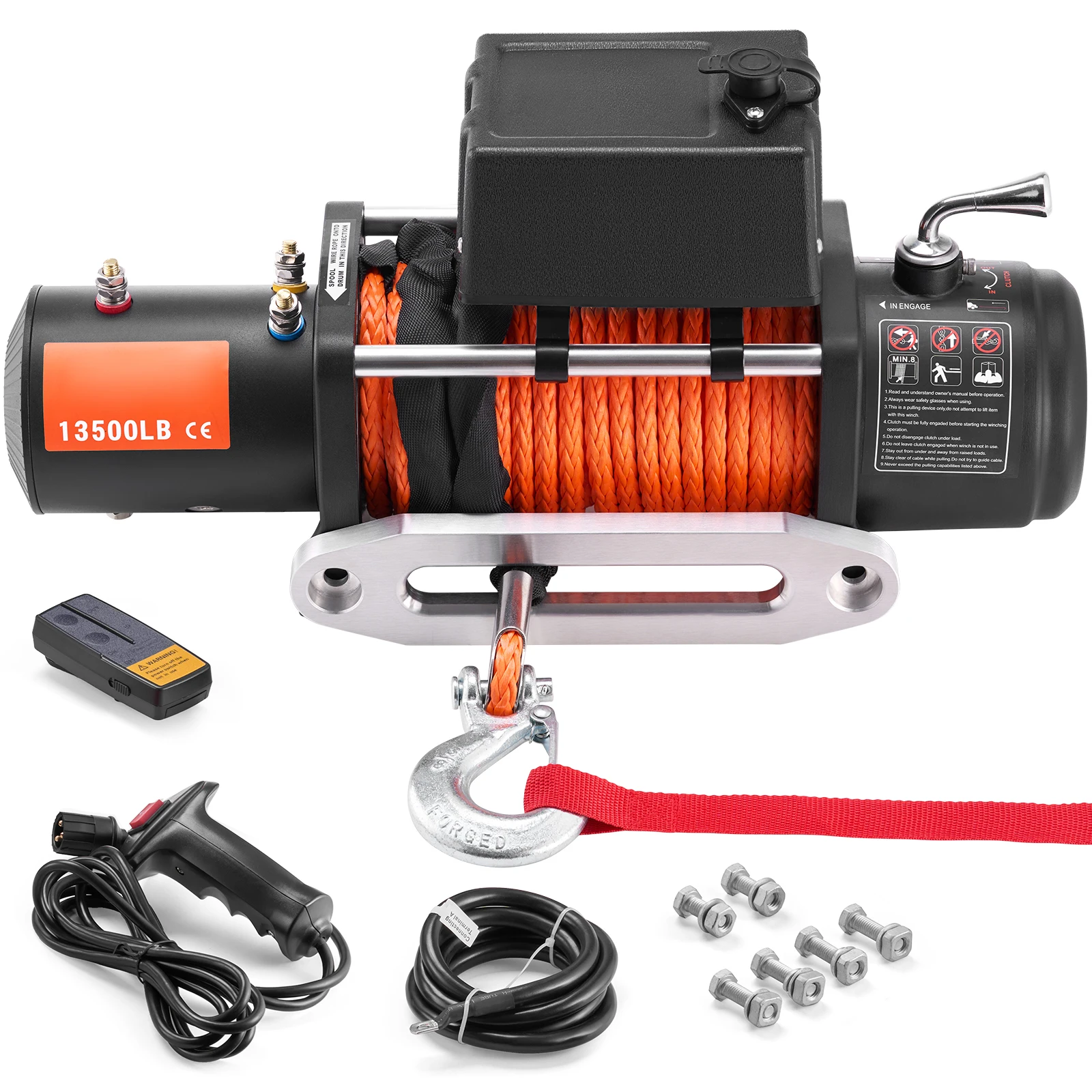 SucceBuy Guincho elétrico de 13500 libras para carro e caminhão com corda sintética de 80 pés, controle remoto sem fio e com fio para reboque off-road