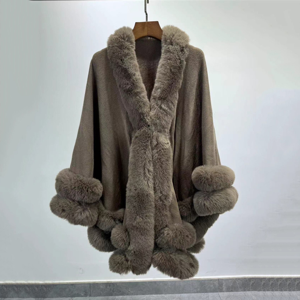2024 mujeres 2 círculo envuelve larga capa de piel de conejo de imitación Poncho invierno suelto grueso cálido chal prendas de vestir exteriores capa de punto abrigo