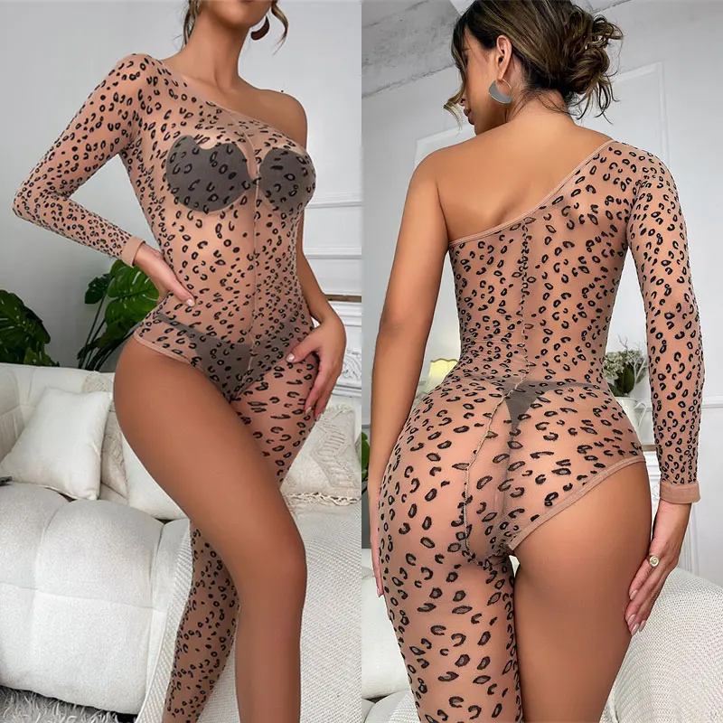 Body de lencería de rejilla para mujer, ropa interior Sexy porno, Leopard, una sola pierna, encaje transparente, disfraces de lencería erótica