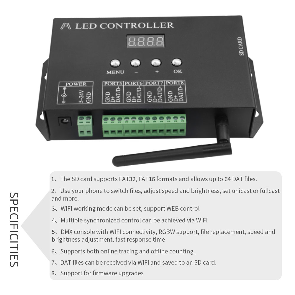 H807SA 8Ports H807SBWiFI 4Ports LED-Pixel-Controller Artnet To SPI unterstützt Madrix-Software LAN-Synchronie SD-Karte DMX512-Konsole