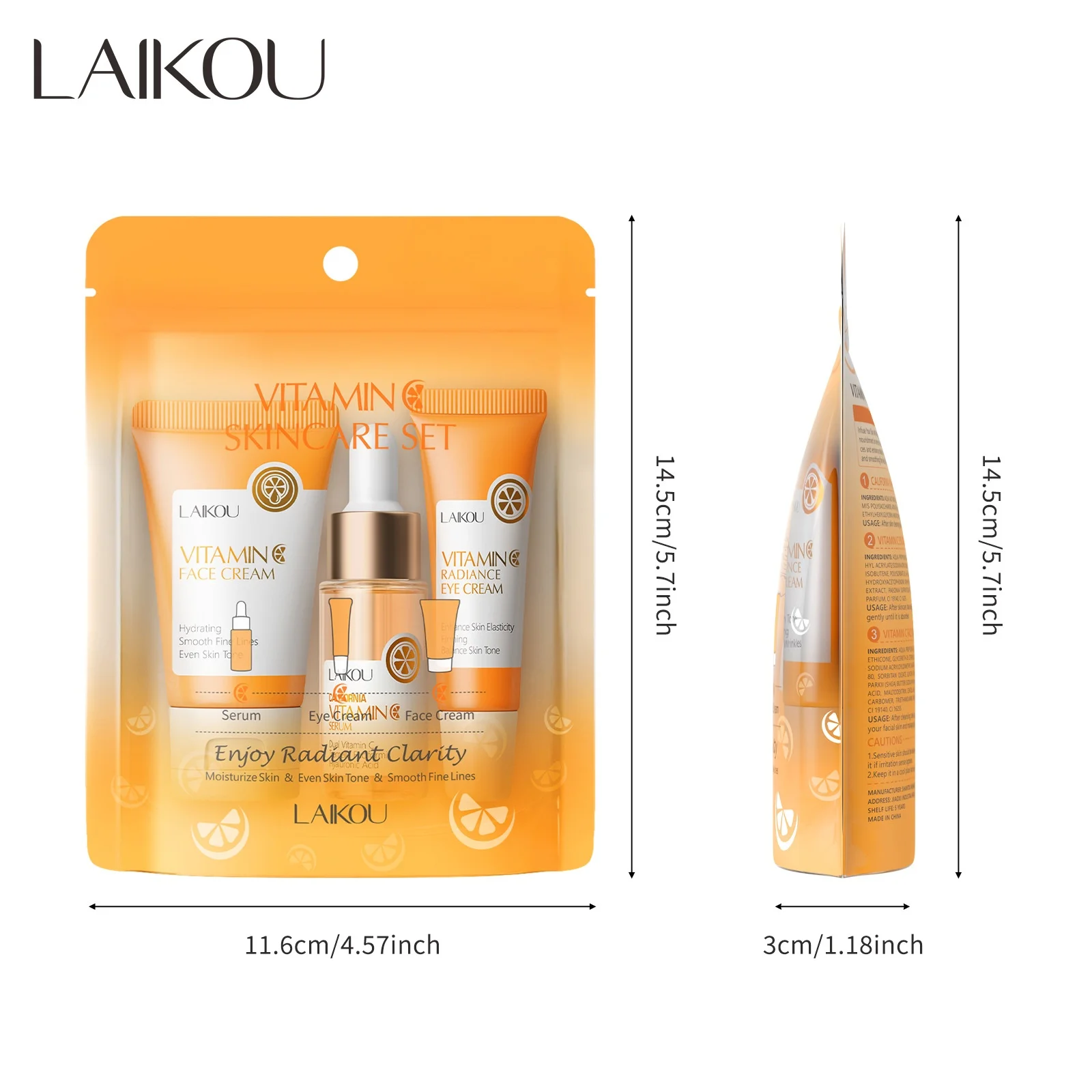 3 Stück/Set LAIKOU Vitamin C Gesichtsset zur feuchtigkeitsspendenden, feuchtigkeitsspendenden Aufhellung und Aufhellung