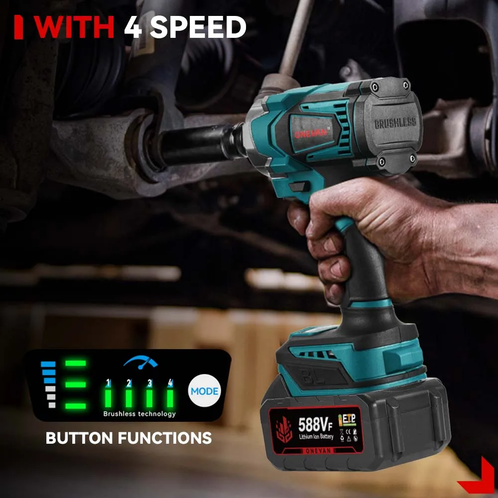 ONEVAN 1200N.M Llave de impacto eléctrica sin escobillas de 1/2 pulgadas, herramientas de destornillador de taladro inalámbrico de 3 funciones para Pin de batería Makita de 18V
