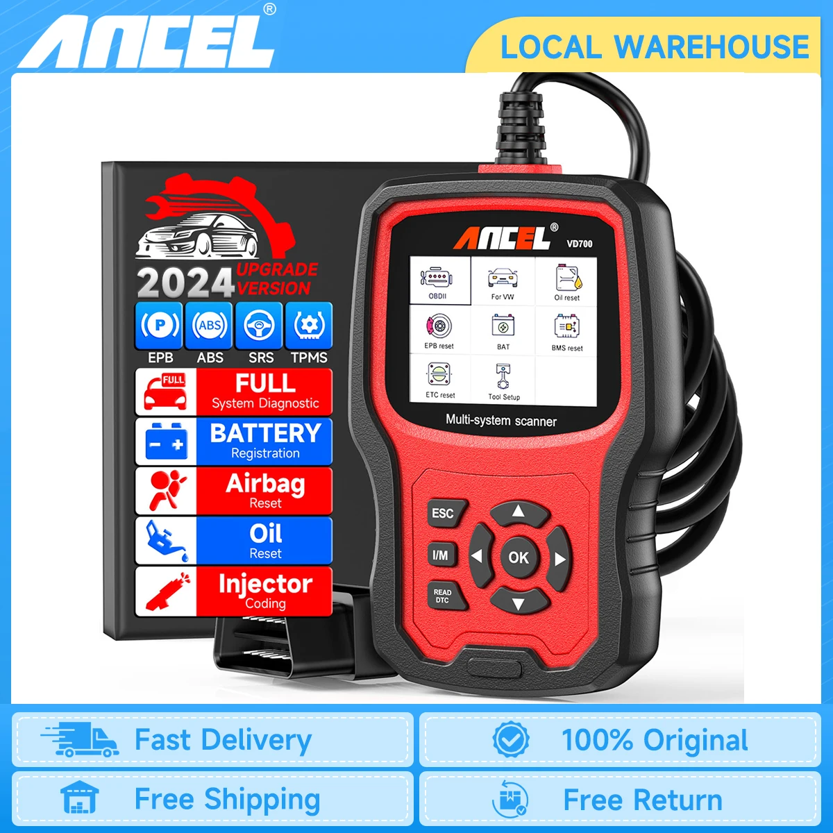 Ancel vd700 obd2 scanner ferramenta de diagnóstico do carro sistema completo falha leitor código obd2 suporte abs/epb/tpms/dpf para vag vw audi skoda