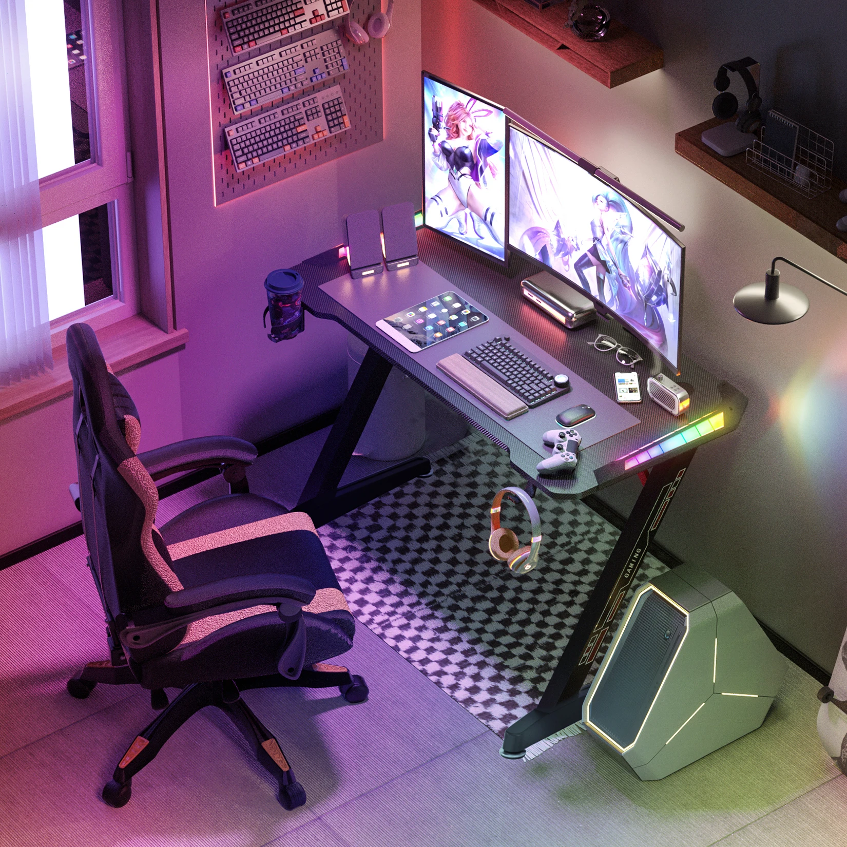 Scrivania da gioco per computer a forma di Z con luci LED RGB Tavolo da ufficio domestico X-Large 140 cm