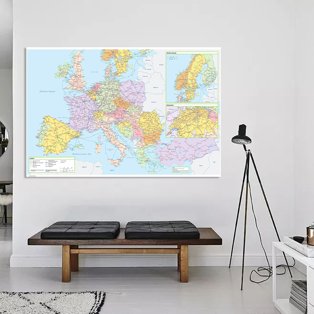 Mapa da Rota de Transporte da Europa com Detalhes, Pintura em Canvas, Cartaz de Parede, Material Escolar, Decoração, 150x100 cm