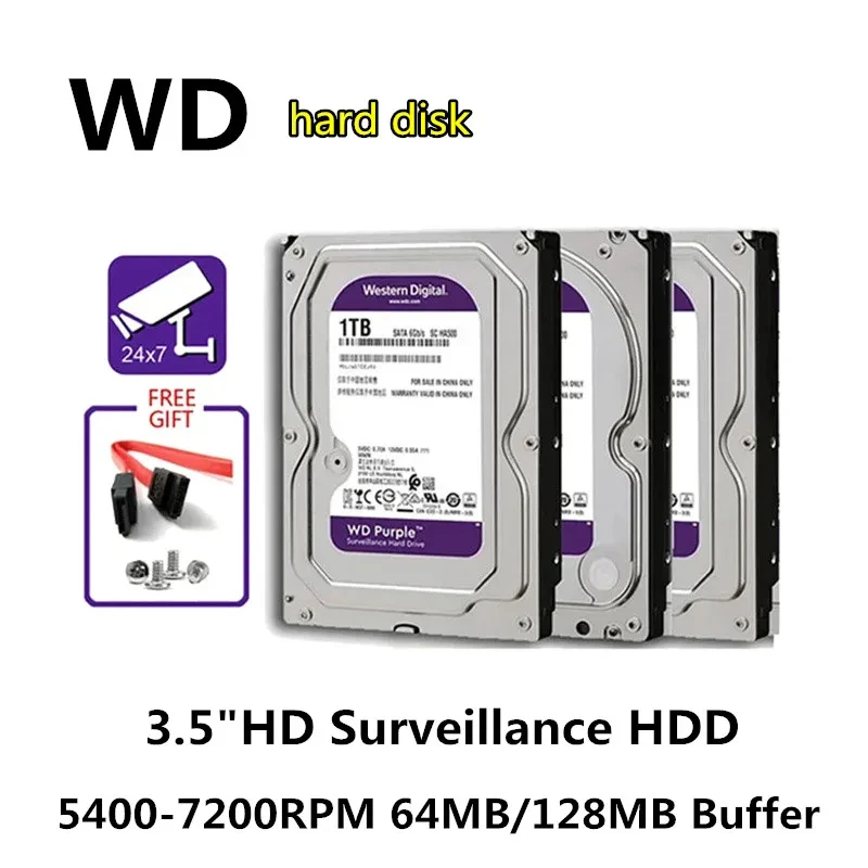 WD Фиолетовый внутренний жесткий диск для наблюдения 3,5 дюйма, 64 МБ кэш-памяти SATA III, 6 Гбит/с, 1 ТБ, 2 ТБ, 4 ТБ, 6 ТБ, жесткий диск HD для видеонаблюдения, видеорегистратора, NVR