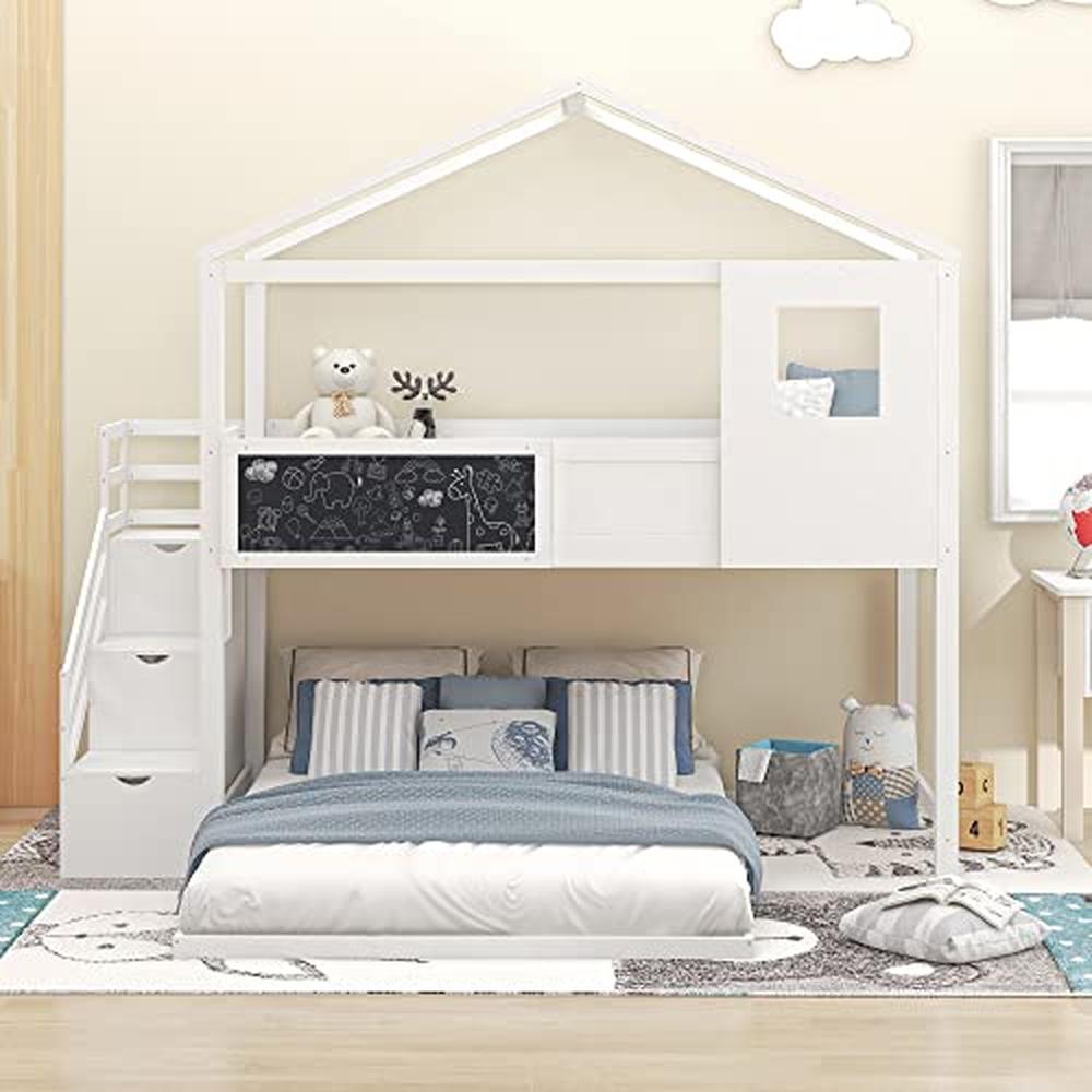 Creative Kids Mini Loft Bed with Storage Stairs & Play Area House Bunk Beds