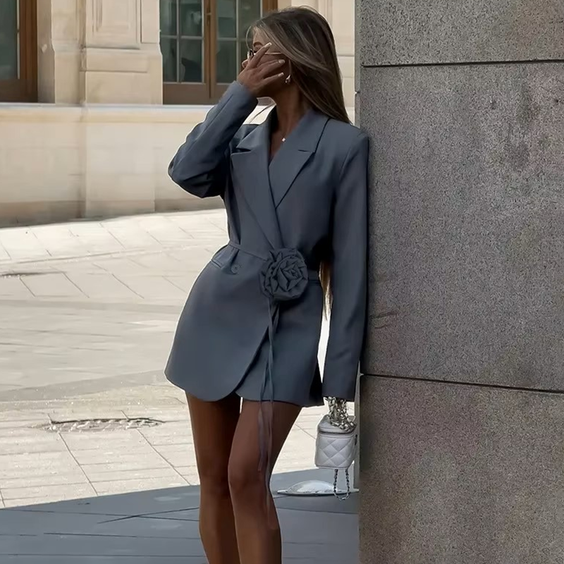 Tauxy moda flor cinto blazers escritório feminino solto com bolsos casaco de manga longa cor sólida blazers casuais 2025 primavera novo