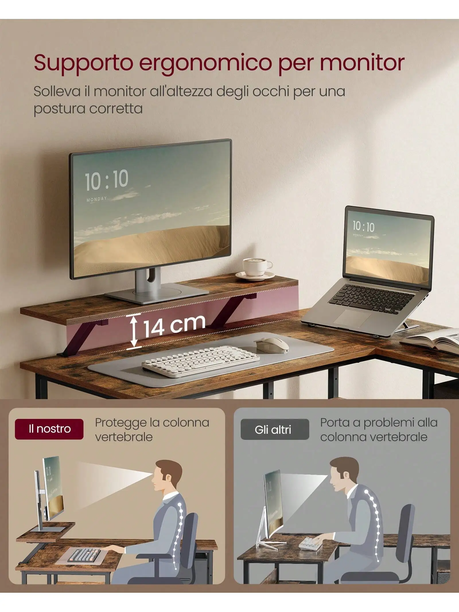 VASAGLE Scrivania a L con 2 Ampi Cesti, Scrivania per Computer con Supporto per Monitor, Scrivania Angolare, Tavolo da Gaming con Ripiani Portaoggetti Regolabile, per Studio, Marrone Vintage/Nero Ebano
