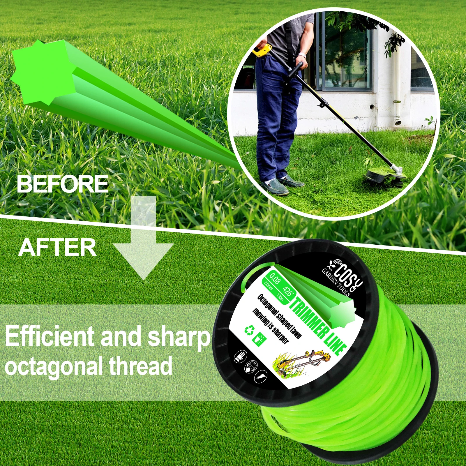 COSY 59m~130m Octagonal Shape Mowing Trimmer Line Nylon Trimmer Head String for Grass Grass Rope Line Brushcutter Wires