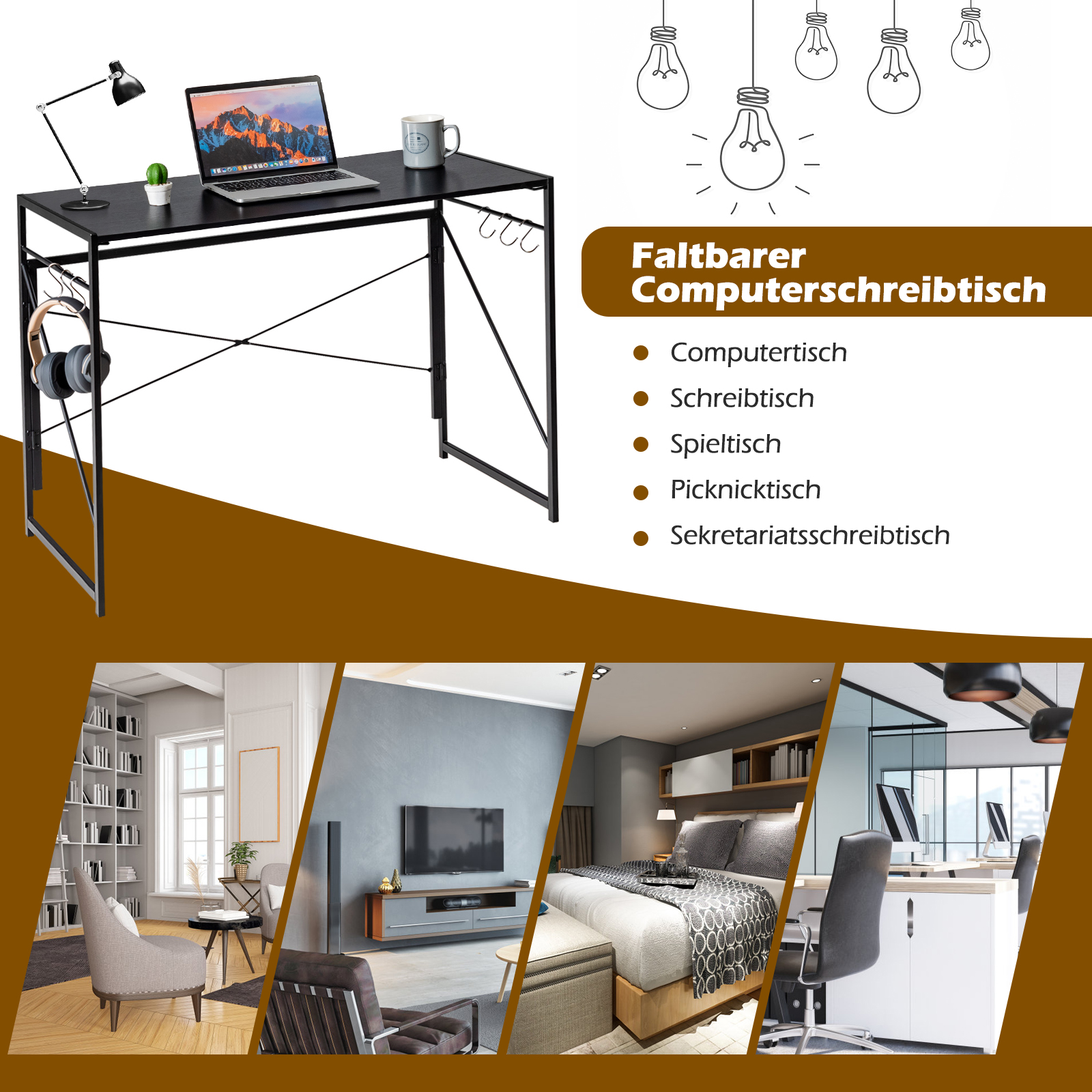 klappbarer Schreibtisch, 100 x 50cm Klapptisch mit 6 Haken & Metallrahmen, platzsparender Computertisch Laptop-Tisch