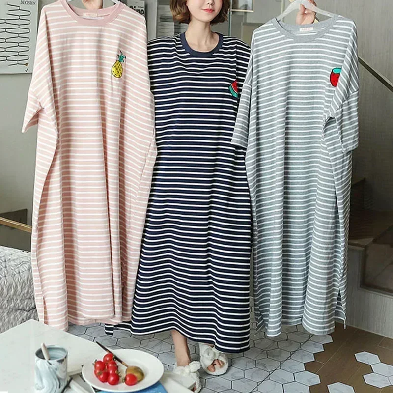 Vestido de pijama de verão feminino de manga curta dos desenhos animados homewear alongado plus size listrado estudante pijamas fácil de lavar roupas longas