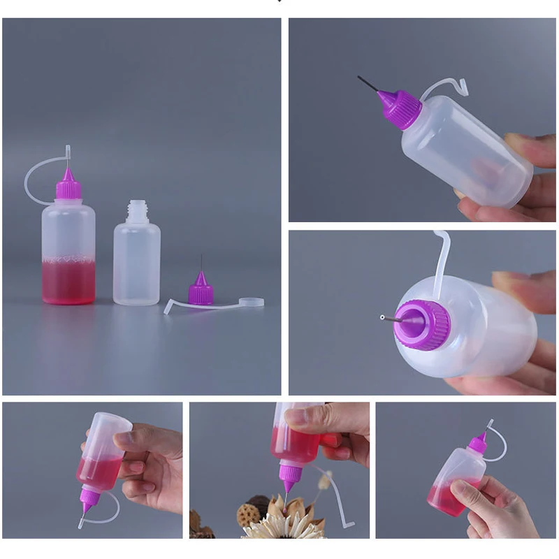 Garrafas plásticas com agulha espremível, 5 peças 3ml-120ml conta-gotas líquido para os olhos amostra gota pode ser cola aplicador de tinta recipientes recarregáveis