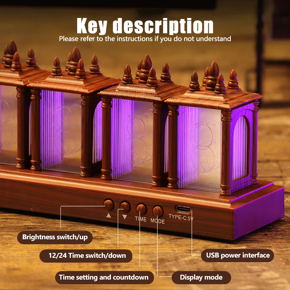 Nixie Tube Digitaluhr Nachtlicht RGB Vollfarbe Neon Glow Tube DIY Tischuhr Zeitanzeige für Desktop-Dekoration