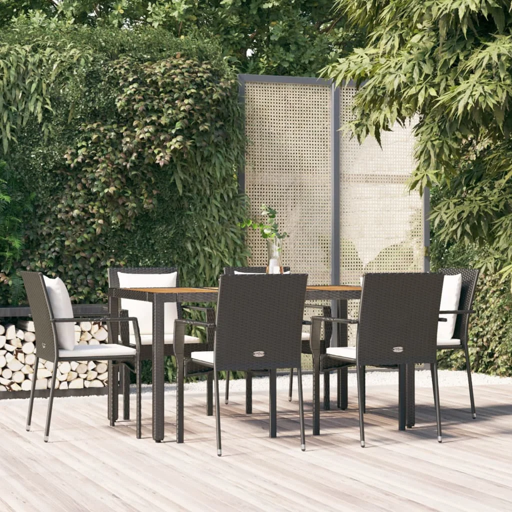 7-TLG. Gruppo da pranzo da giardino in polyrattan nero con cuscini