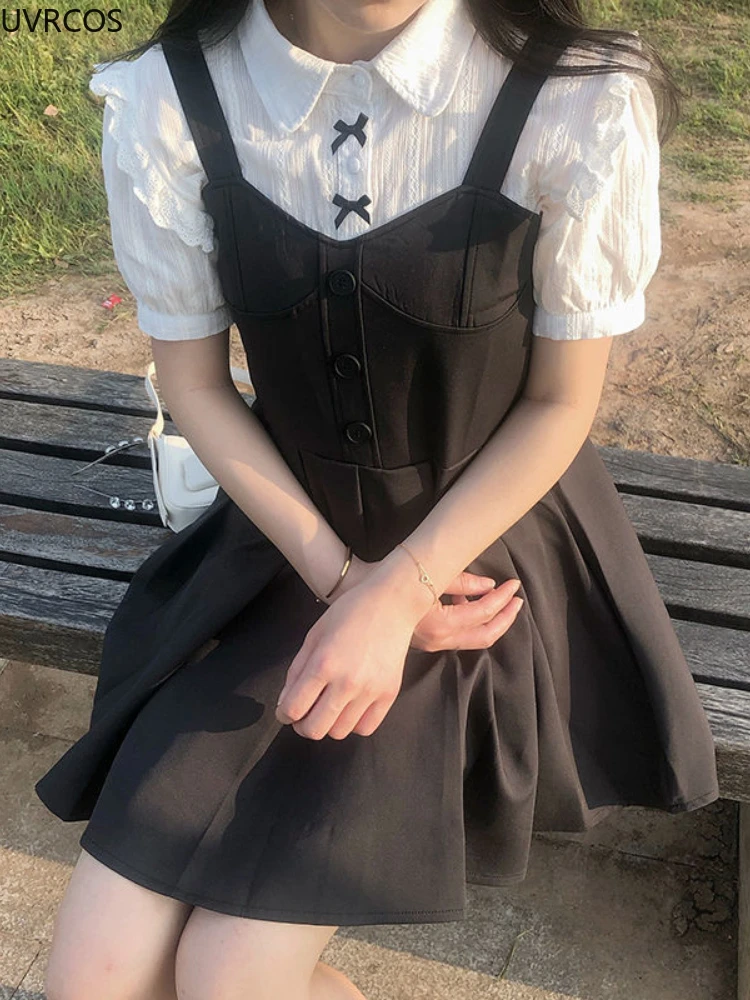 かわいい白ロリータレースブラウス女性ゴシックプレッピースタイルヴィンテージピーターパン襟半袖シャツガール夏かわいいトップ Mujer