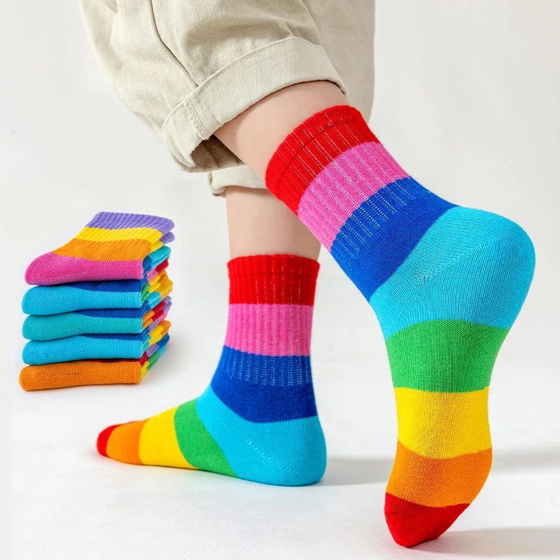 5 pares de calcetines con estampado de arcoíris para niña, calcetines suaves y transpirables cómodos de algodón para niños