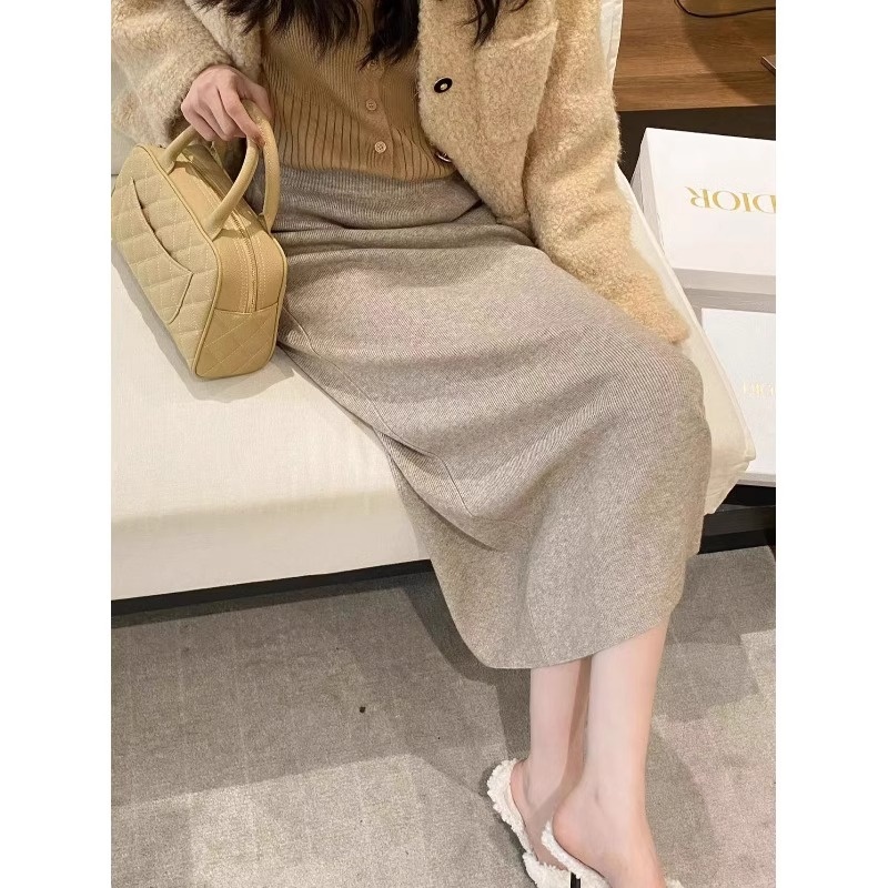 ソフトカシミヤ膝丈レディーススカートハイウエストAラインニットドレス韓国風通勤ピュアカラーミドルスカート