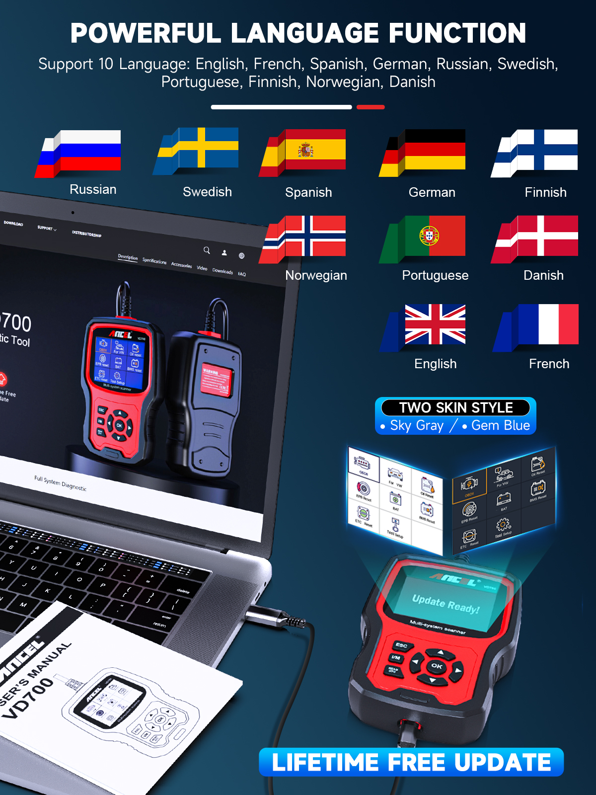 Ancel VD700 OBD2-Scanner, Auto-Codeleser, komplettes System-Diagnose-Scan-Tools, EPB, ABS, DPF, TPMS, Öl-Reset für VW, Audi, Skoda, Seat