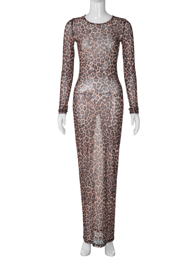Hugcitar 2024, Leopardenmuster, Netzstoff, langärmelig, sexy, schlank, durchsichtig, Maxikleid, Herbst, Damenmode, Outfits, Strandurlaub, Club