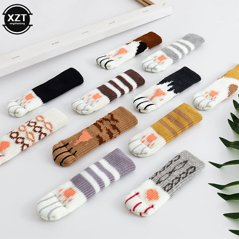 4Pcs Non-Slip Wear Cute Cat Paw Table Chair Foot Leg Knit Cover Protector Socks Sleeve Protector Good Scalability