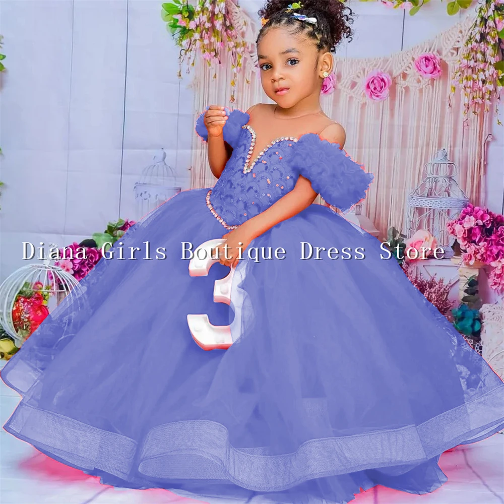 ดอกไม้สีแดงสาวชุด SHEER คอจีบ Ruffles ฉัตร Tulle Gowns สําหรับงานแต่งงานเด็กชุดวันเกิด First Communion