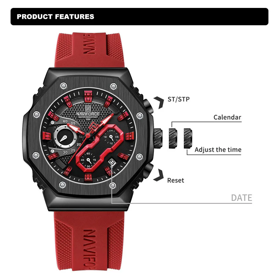 Reloj NAVIFORCE para hombre, reloj de pulsera deportivo resistente al agua con cronógrafo de cuarzo para hombre, reloj luminoso con banda de silicona, reloj Masculino