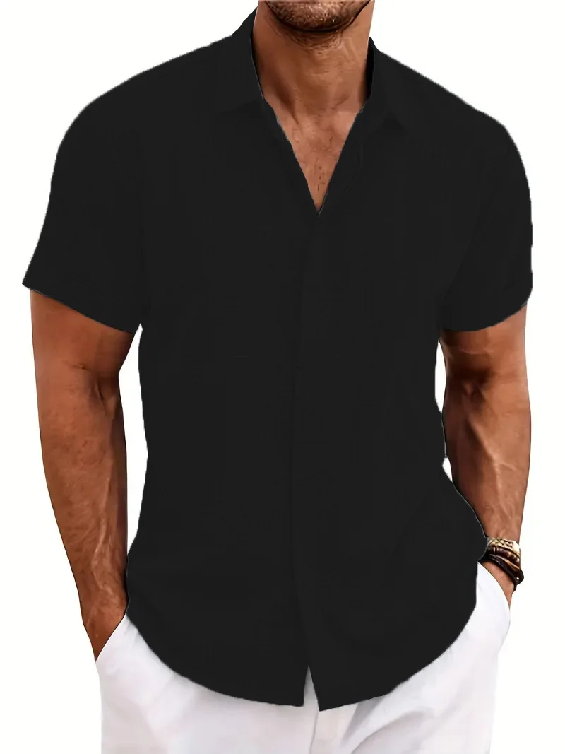 Nueva camisa de manga corta de color sólido para hombre, cárdigan informal de verano con solapa de color sólido, estilo playero, camisa de poliéster