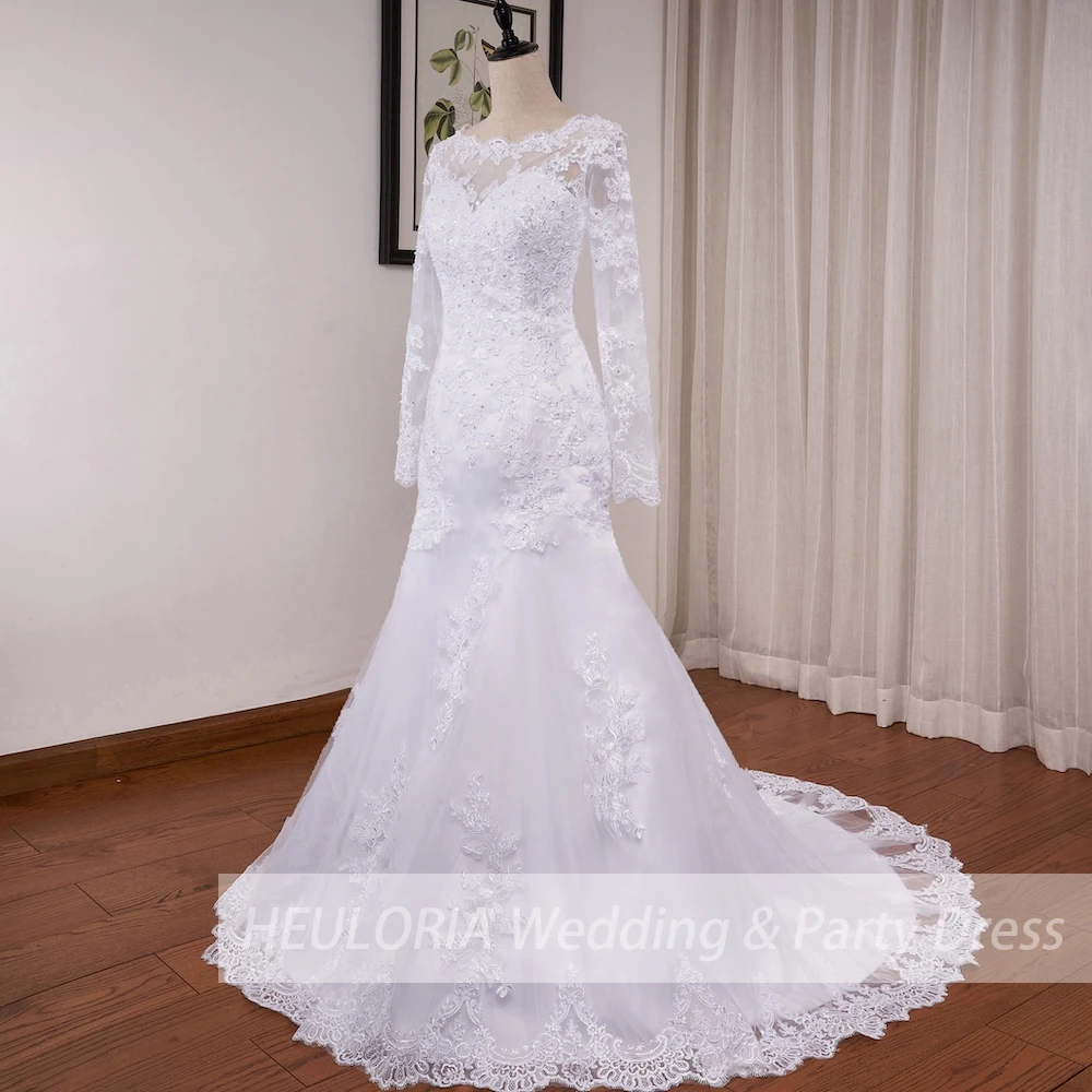 ชุดเดรสเมอร์เมดแขนยาว O คอชุดแต่งงานสีขาวลูกไม้ Applique Beading ชุดเจ้าสาว Robe De Mariage ปรับแต่ง