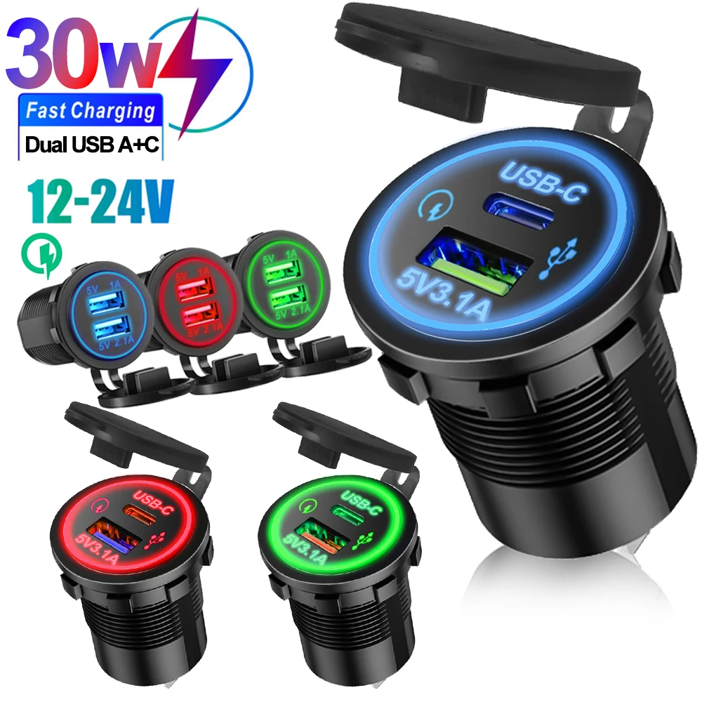 Carregador universal para carro e motocicleta, luz led usb TYPE-C, tomada de energia, cigarro, luz à prova d'água para caminhão, atv, barco