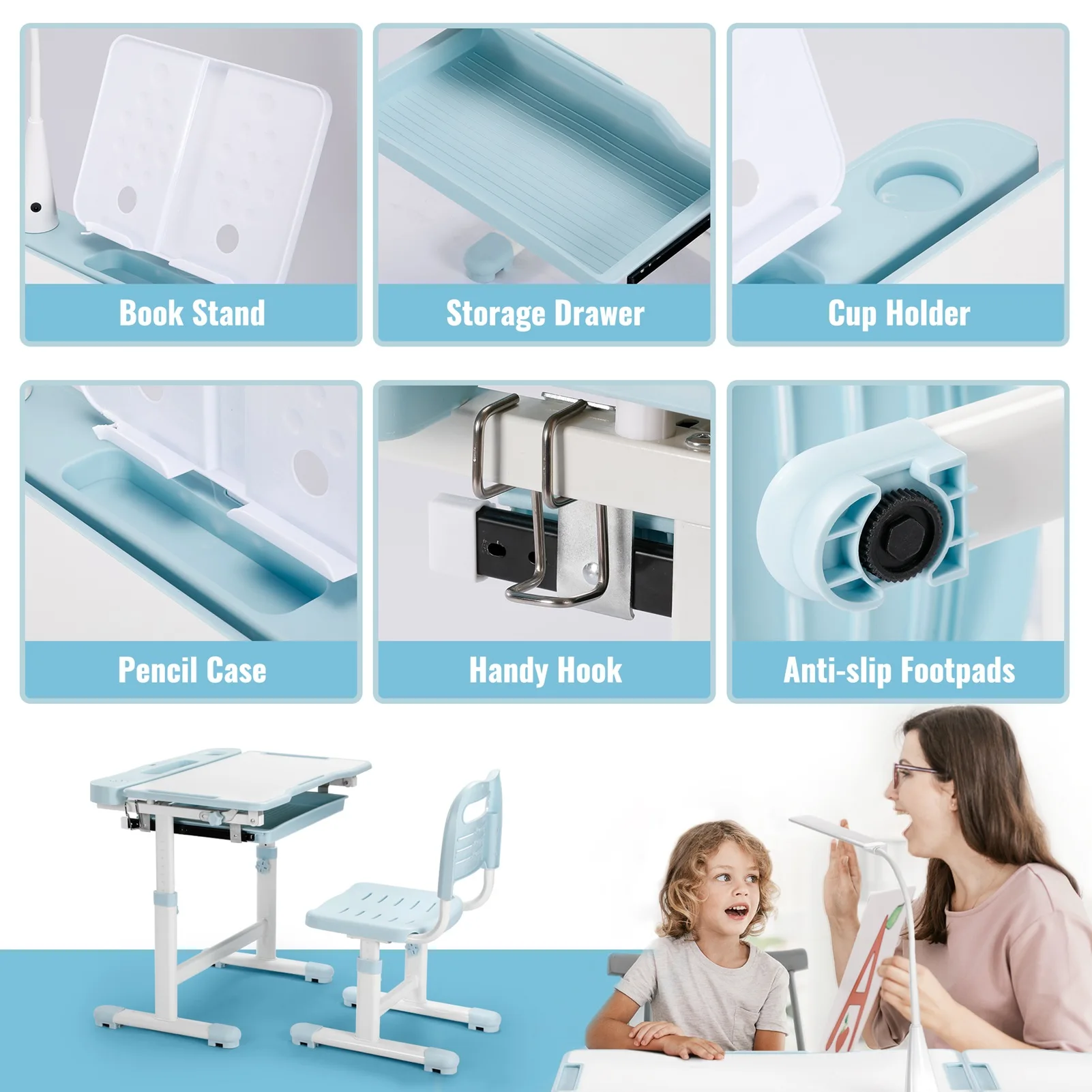 Set di sedie da scrivania per bambini, altezza regolabile con supporto da lettura inclinabile, tavolo didattico per bambini con cassetto extra large
