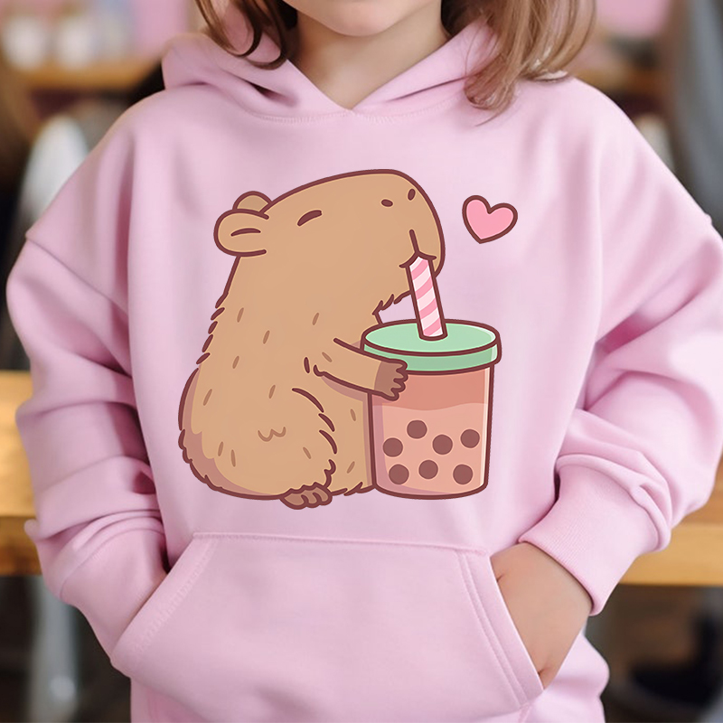 Lindo Capybara Loves Bubble Tea niños Sudadera con capucha rosa más suéter de terciopelo tops de otoño e invierno para niñas