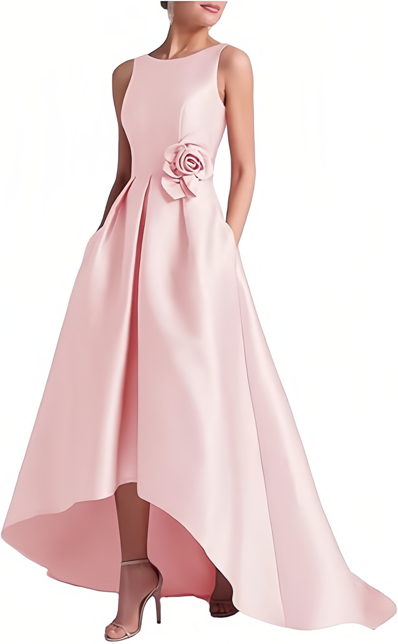 Vestidos de cetim hi-low para mãe da noiva, gola redonda, vestido formal, linha elegante, vestido de convidado de casamento com bolsos