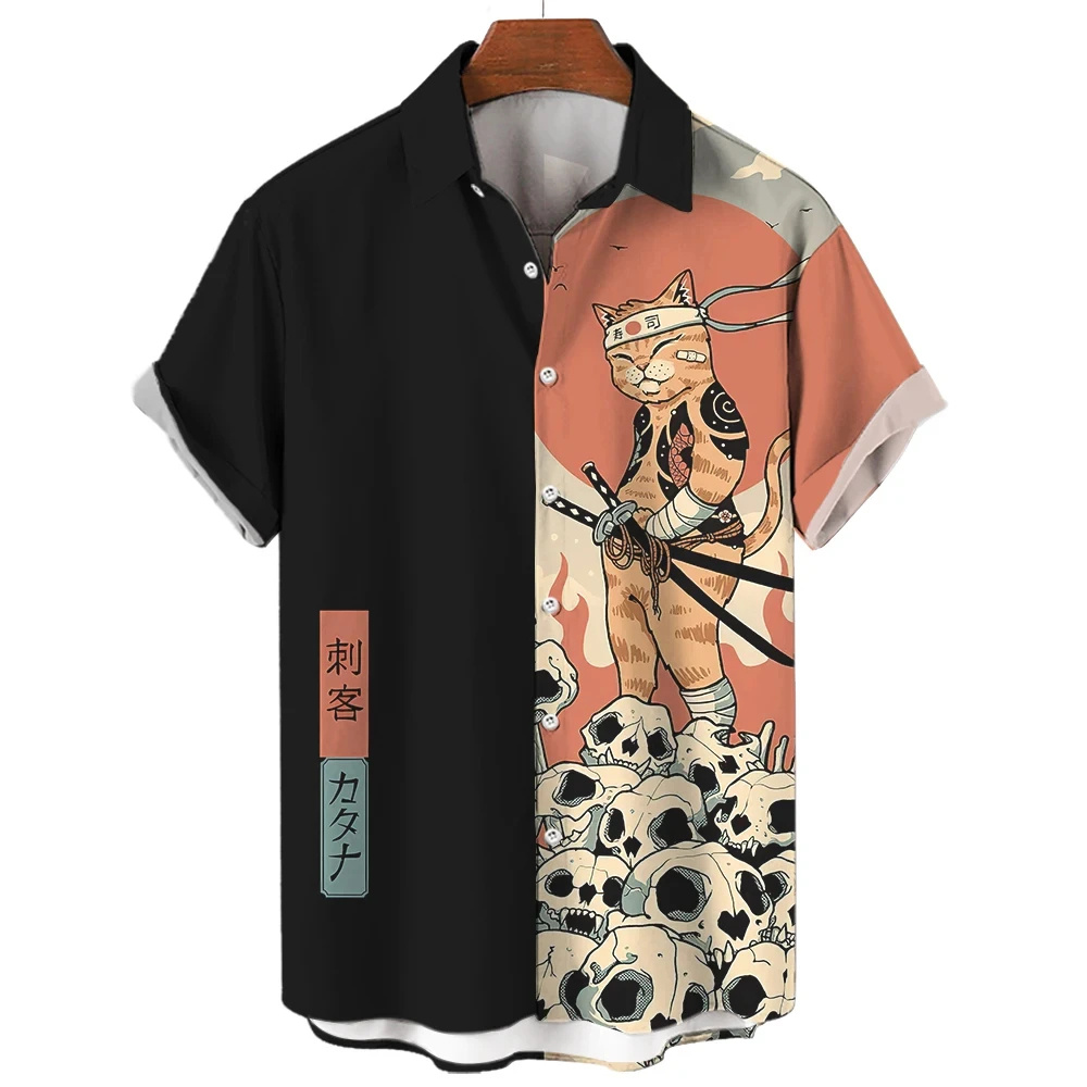 Mode Herrenbekleidung Coole Samurai Katze Tops Sommer Neue Herrenbekleidung Lässige Kurzarm Anime Lose Bluse Hawaiihemden