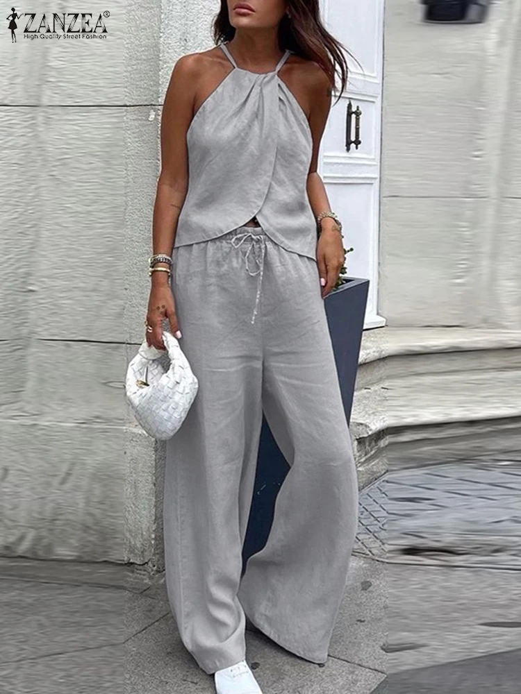 ZANZEA Frau 2025 Sommer Hose Sets 2 Stück Mode Ärmellose Neckholder Tops & Elastische Taille Hosen 2PCS Outfits anzüge Streetwear