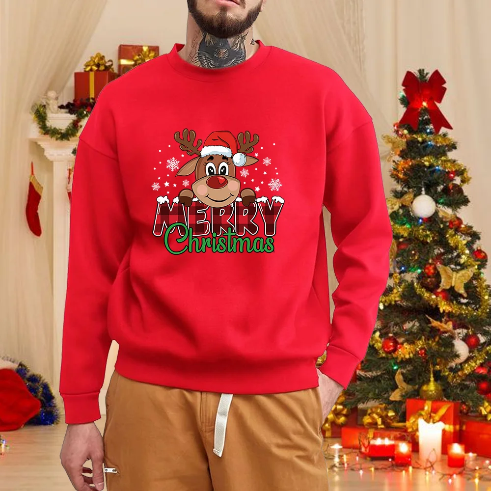 Weihnachtselch-Rundhalspullover Herbst und Winter Herren lässiger langärmeliger süßer roter Frohe Weihnachten-Pullover