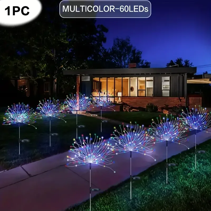 ใหม่ 60LEDs ดอกไม้ไฟพลังงานแสงอาทิตย์ไฟกลางแจ้งกันน้ำสวนพลังงานแสงอาทิตย์ไฟ 8 โหมดพร้อมรีโมทคอนโทรลตกแต่งแสง