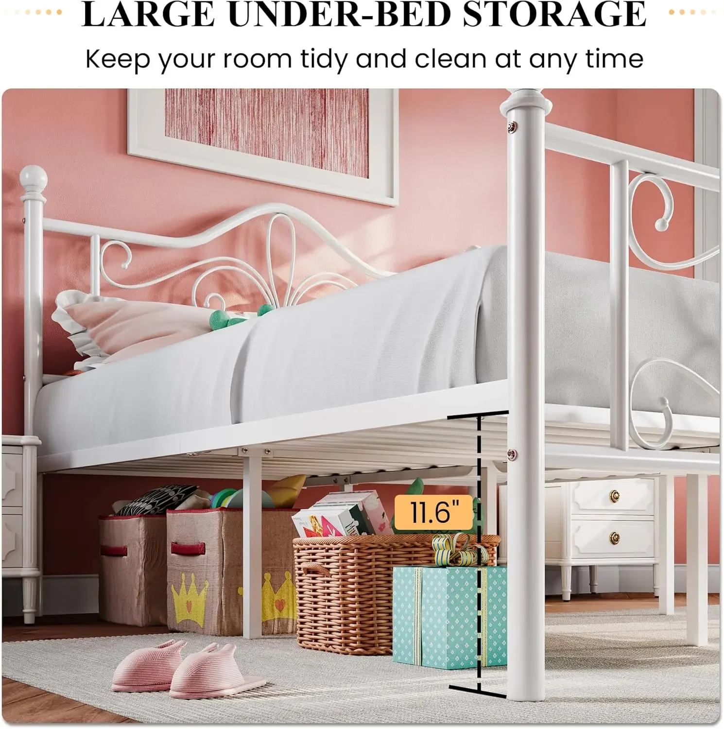 Twin Size Bed Frame for Kids,Metal Bed Frame with Butterfly Pattern Design Headboard &,No Box Spring Needed
