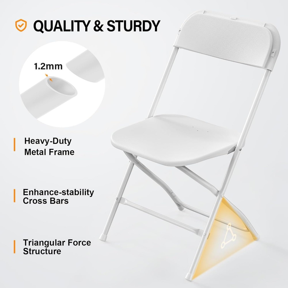 20 Pack White Plastic Folding Chair, Indoor Outdoor Portable Stackable Commercial Seat with Steel Frame 350lb. Capacity