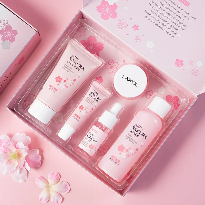 LAIKOU Sakura Kit Skin Care Sets Moisturizing and Reducing Fine Lines Cleansing Pore Product 5-Piece Korean Christmas Gift Set