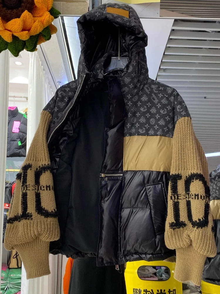 Mode Retro Denim Splicing Donsjack Winter Gebreide Mouwen Brief Bedrukt Losse Oversized Dikke Witte Eend Puffer Jas Vrouwen