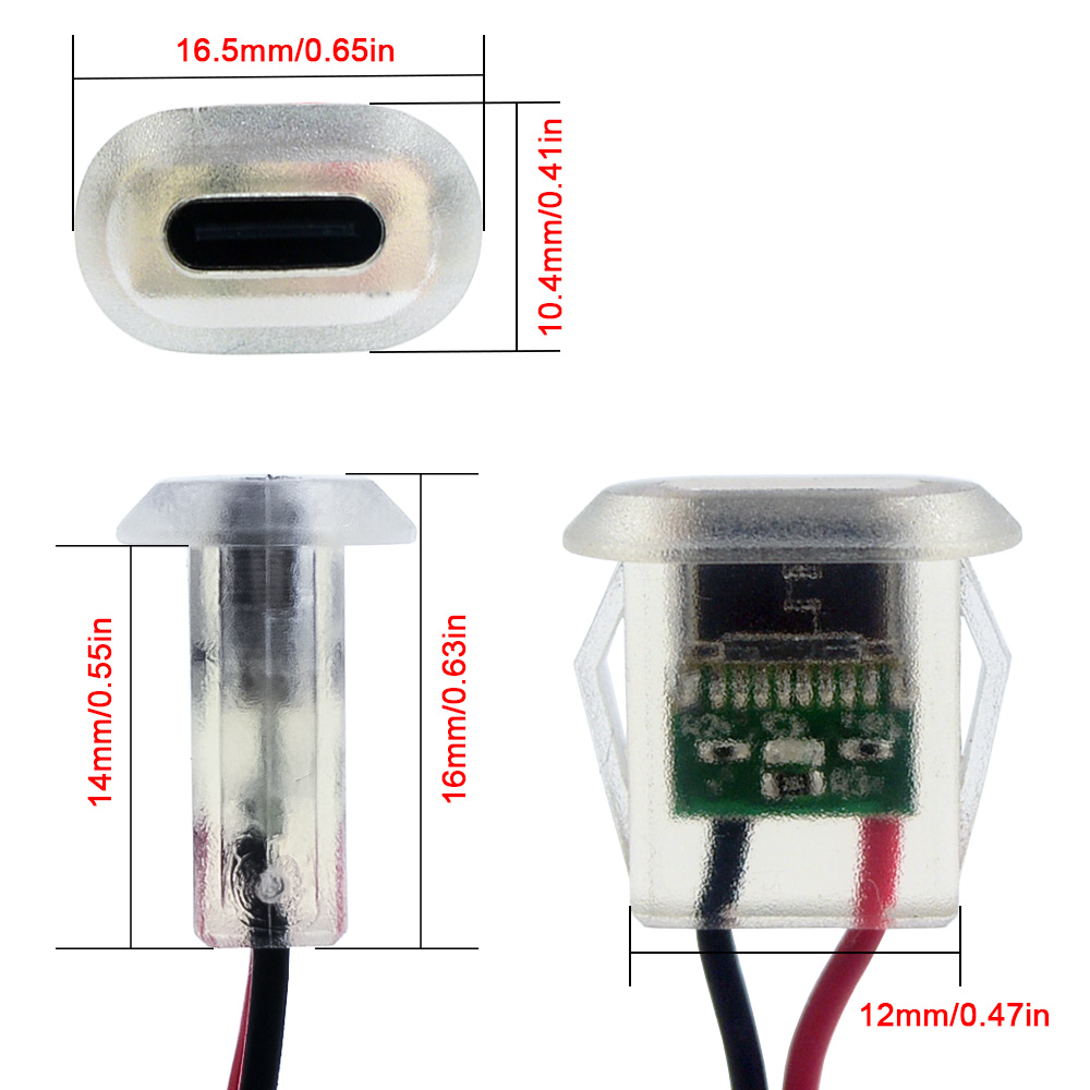 2-контактный разъем USB Type C 5A входного типа для зарядки со светодиодными фонарями Водонепроницаемый порт питания USB-C Гнездовой разъем TYPE-C