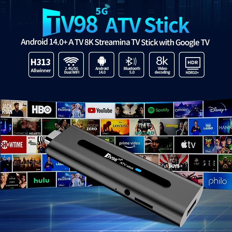 TV98 ATV 8K Smart TV Stick Android 14 ATV Dual WiFi 2.4G 5G BT 5.0 Allwinner H313 Vedio Decoding HDR10+ Set Top Box Media Player