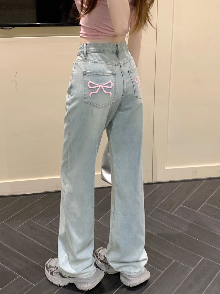 HOUZHOU Süße blaue Jeans für Frauen, Schleife, Stickerei, gerade Denim-Hose, Y2k-Vintage-koreanischer Stil, Baggy-Jeans mit hoher Taille, lässig