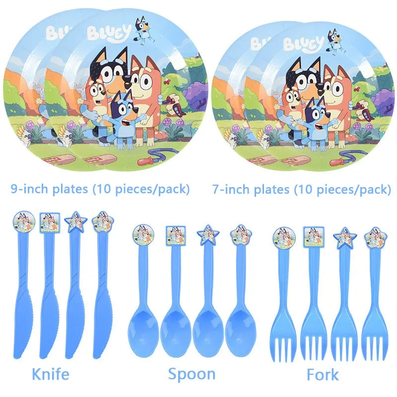 Suministros para banquetes de fiesta de cumpleaños con tema Bluey de dibujos animados, plato de papel, mantel, bandera, cuchillo, tenedor, cuchara, conjunto de pancarta, fiesta de cumpleaños para niños
