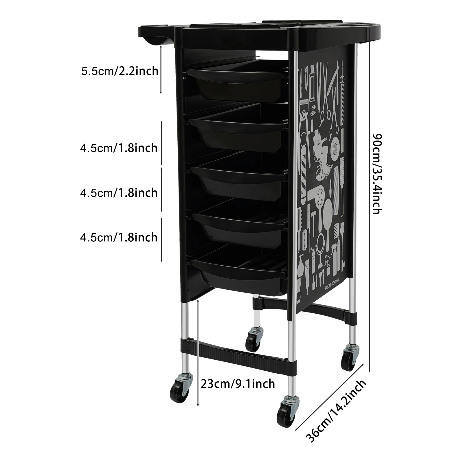 Carrello per salone a 6 livelli su 4 ruote 5 cassetti estraibili Carrello per trucco Carrello per sollevamento tinture per capelli da 176 libbre per strumento per parrucchiere