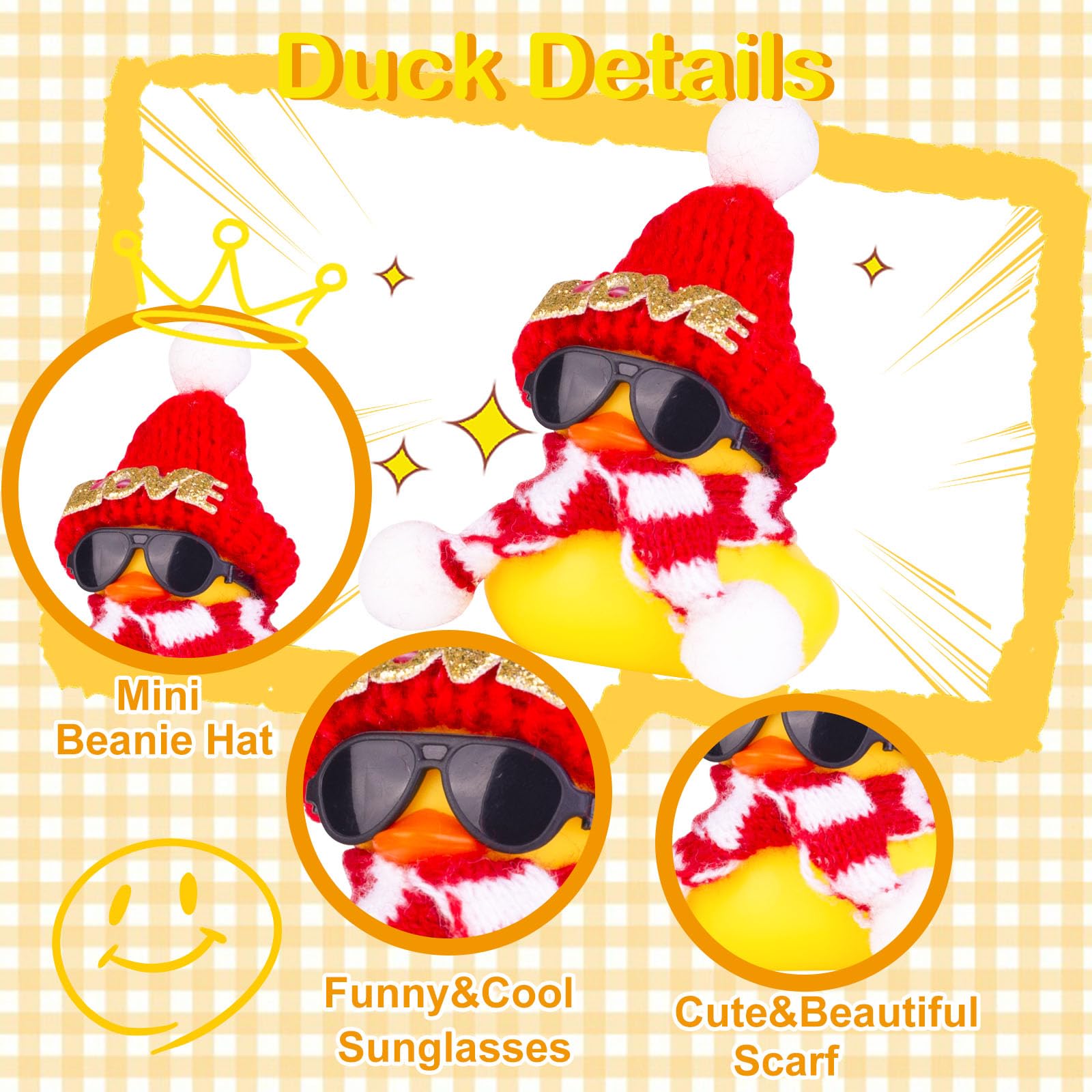 Car Rubber Duck, Cute Winter Duck Car Dashboard Decorations for Car Ornaments Accessories with Mini Hat, Sunglasses